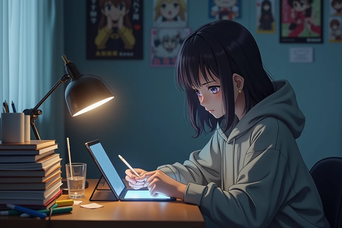 Adolescente consultant une application de lecture manga sur tablette en attendant la sortie du prochain scan One Piece