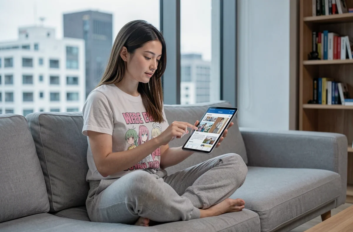 Jeune femme lisant le scan de Solo Leveling en ligne sur une tablette dans un salon moderne