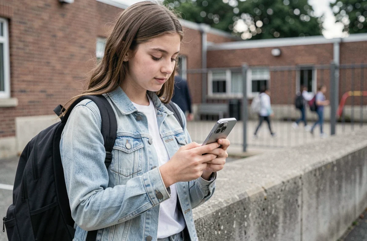 Adolescente tenant un iPhone 16e dans une cour d'école, illustration du premier smartphone pour lycéen