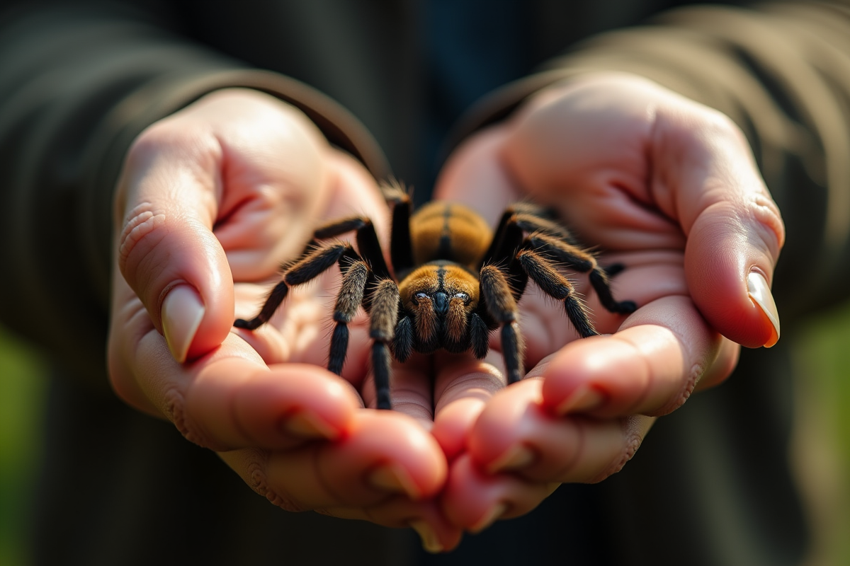 Mains tenant délicatement une tarentula photographiée en plongée