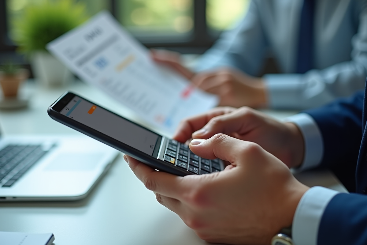 Mains utilisant smartphone et calculatrice avec fiche de paie