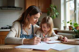 Maman et fille remplissant des papiers dans la cuisine chaleureuse