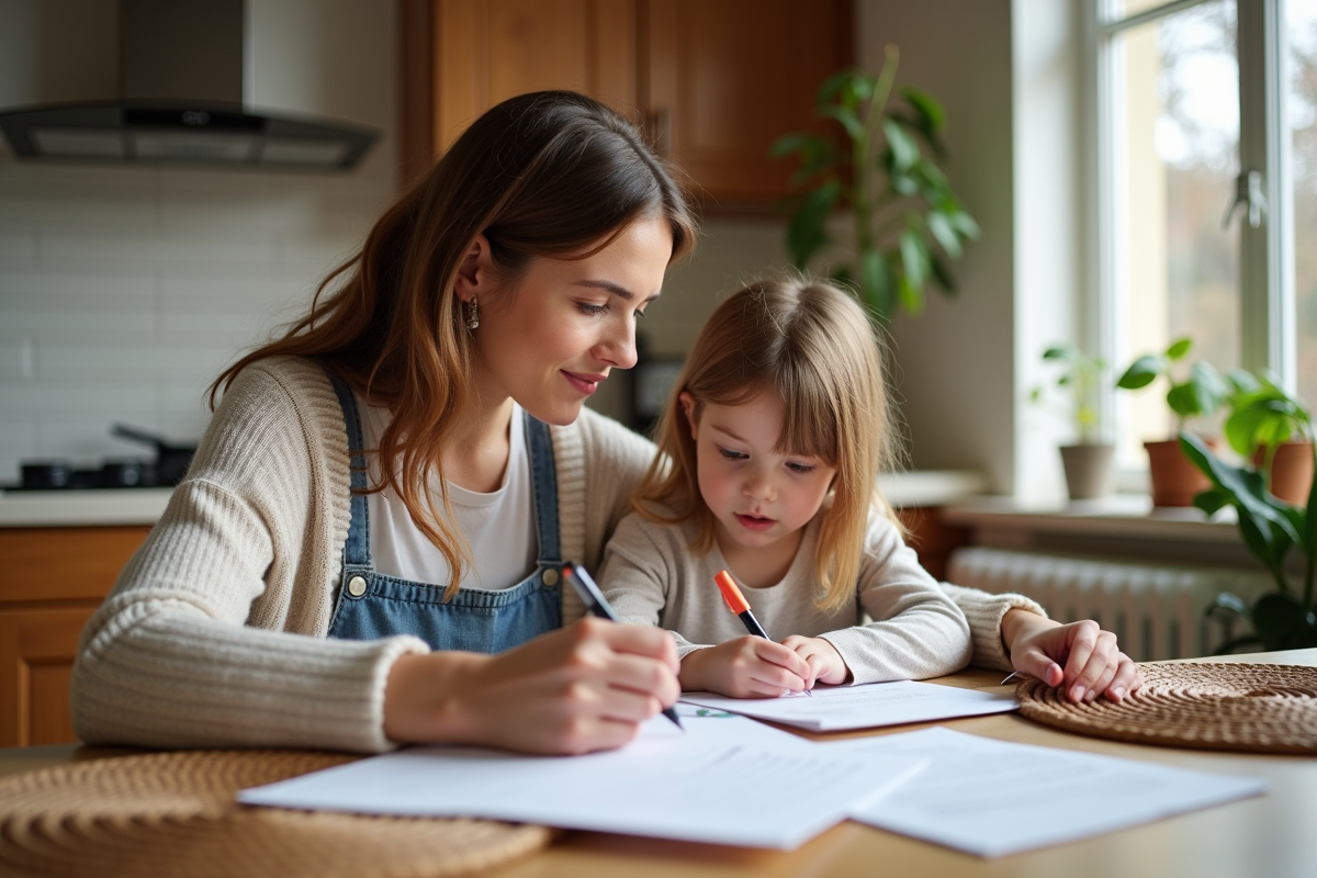 Maman et fille remplissant des papiers dans la cuisine chaleureuse