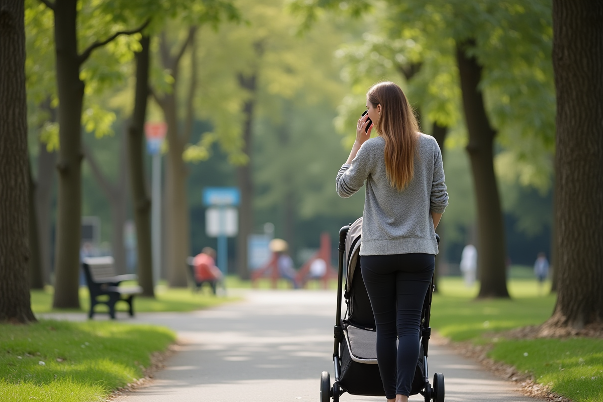 Maman poussant la poussette dans un parc urbain calme