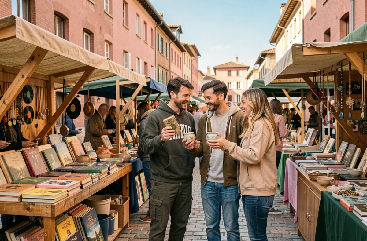 Groupe d'amis explorant un marché artisanal gratuit en plein air à Toulouse le weekend
