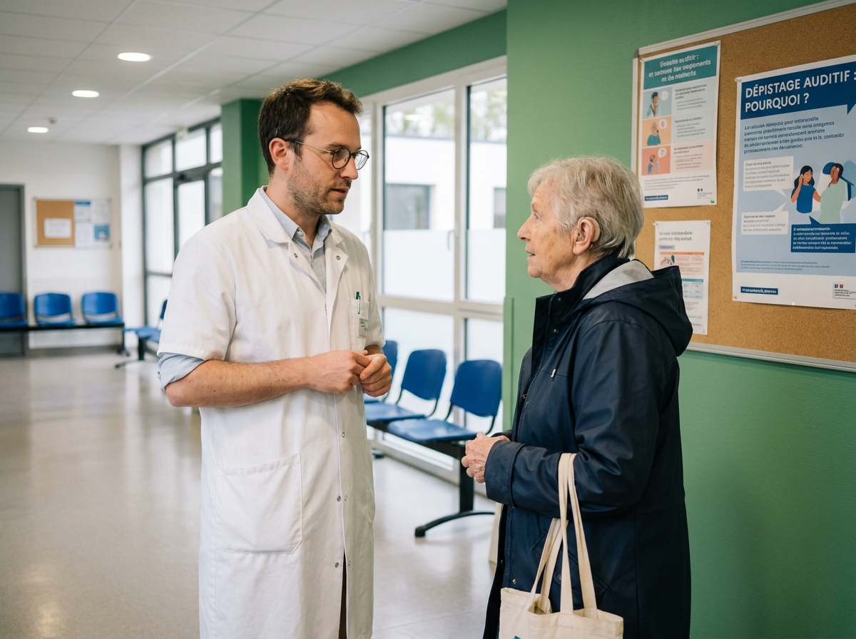 Médecin généraliste breton discutant avec une patiente appareillée dans le couloir d'un centre de santé lors d'un suivi de dépistage auditif