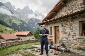 Chauffagiste professionnel devant une maison en pierre dans les Hautes-Pyrénées avec les sommets montagneux en arrière-plan