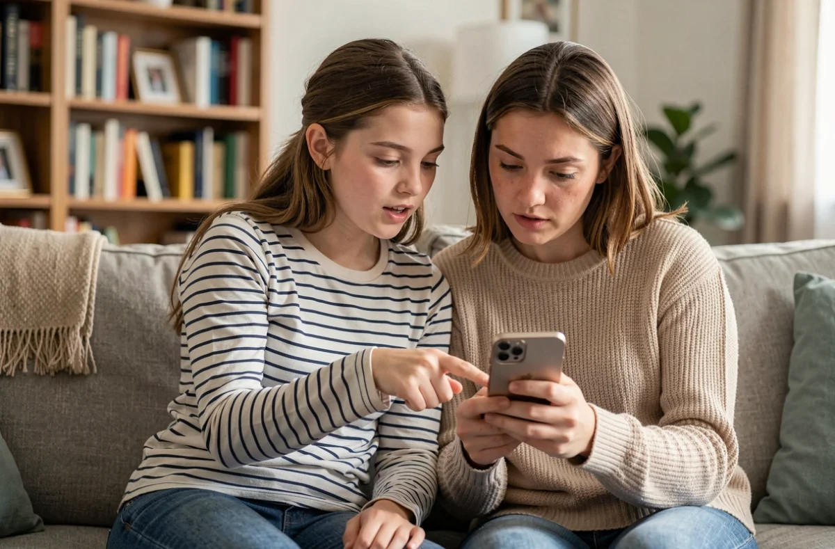 Mère et fille adolescente explorant ensemble l'iPhone 16e dans un salon familial confortable