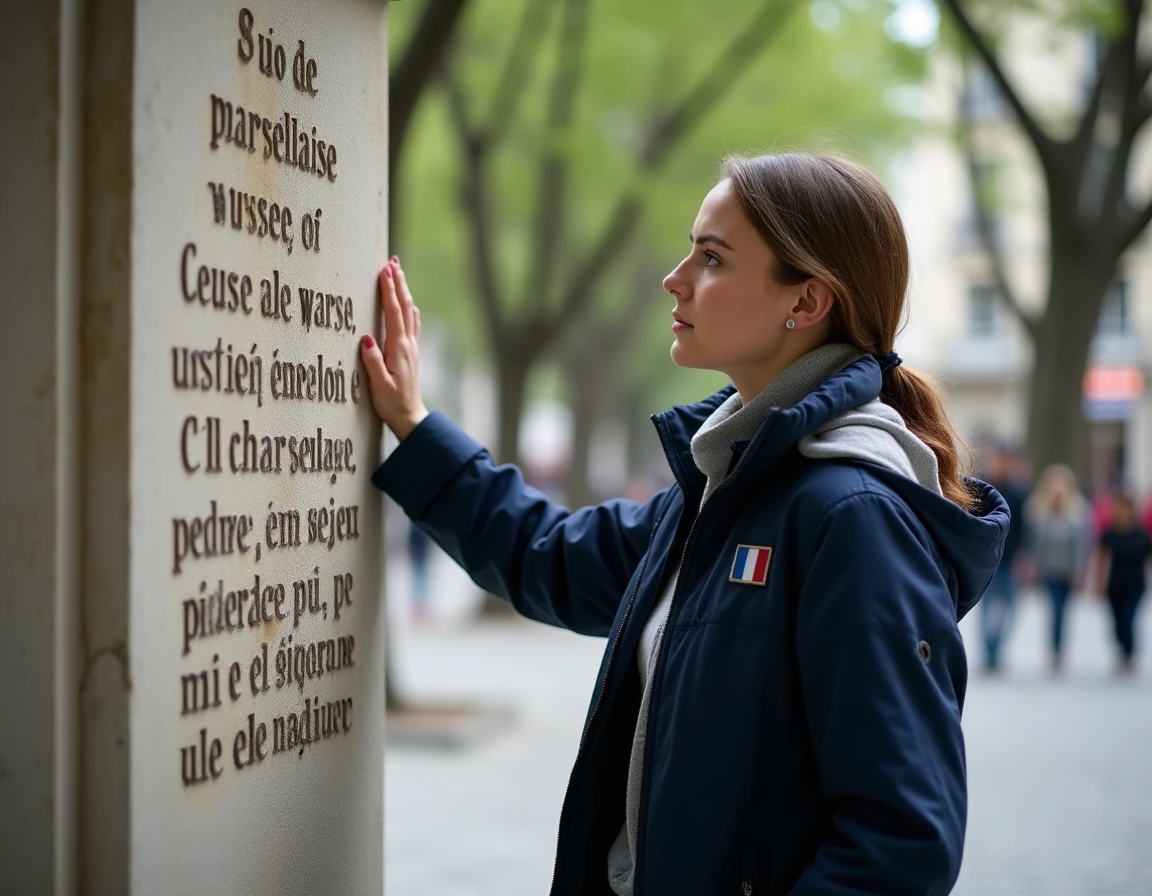 Jeune femme lisant les couplets gravés de La Marseillaise sur un monument en pierre dans une place française