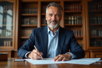 Notaire français signant un acte immobilier dans un bureau