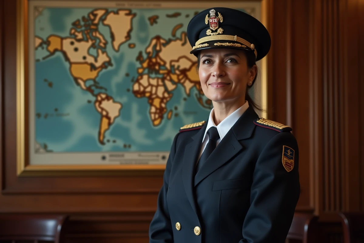 Officière française en tenue cérémonielle devant une carte maritime