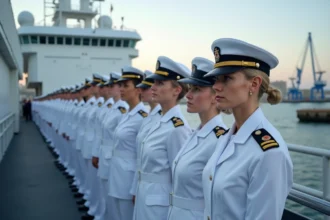 Groupe d'officiers et marins français en uniforme sur un navire