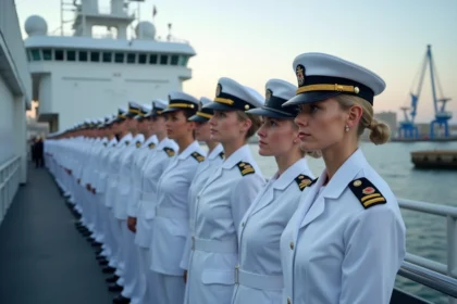 Groupe d'officiers et marins français en uniforme sur un navire