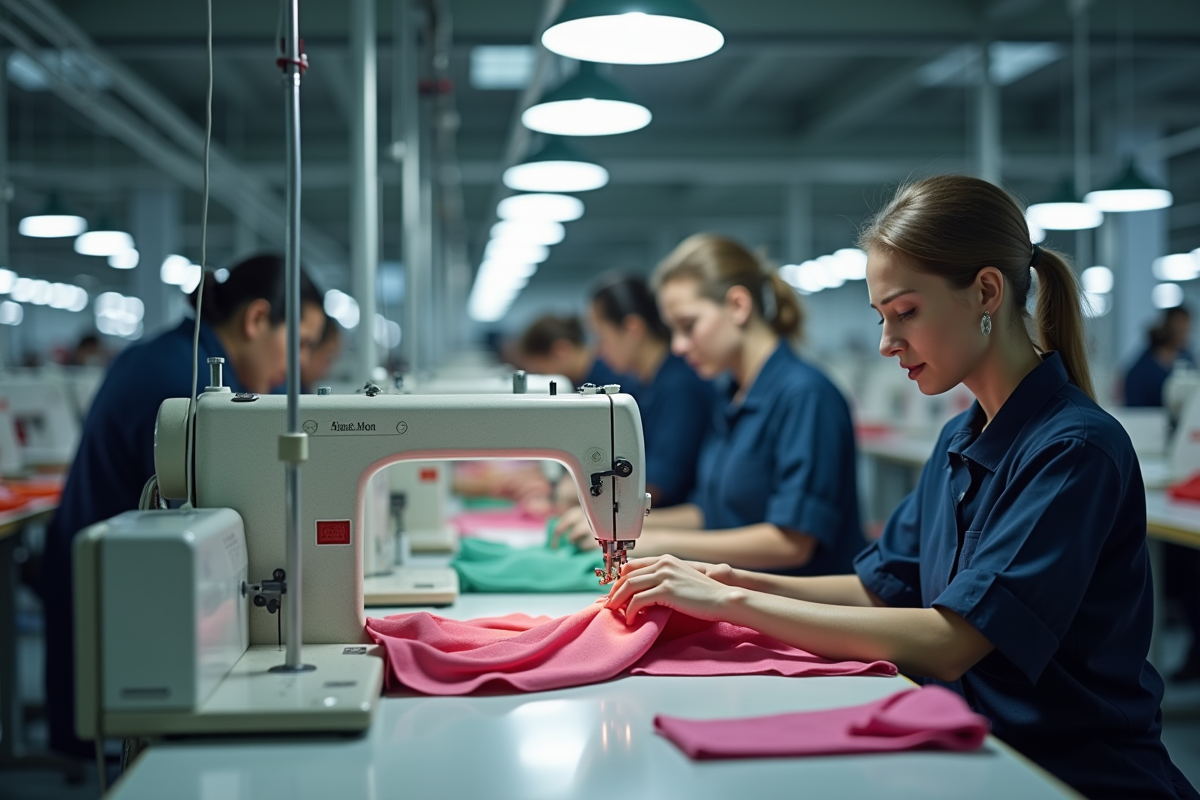 Ouvriers en usine de textile assembleant des vetements de mode rapide