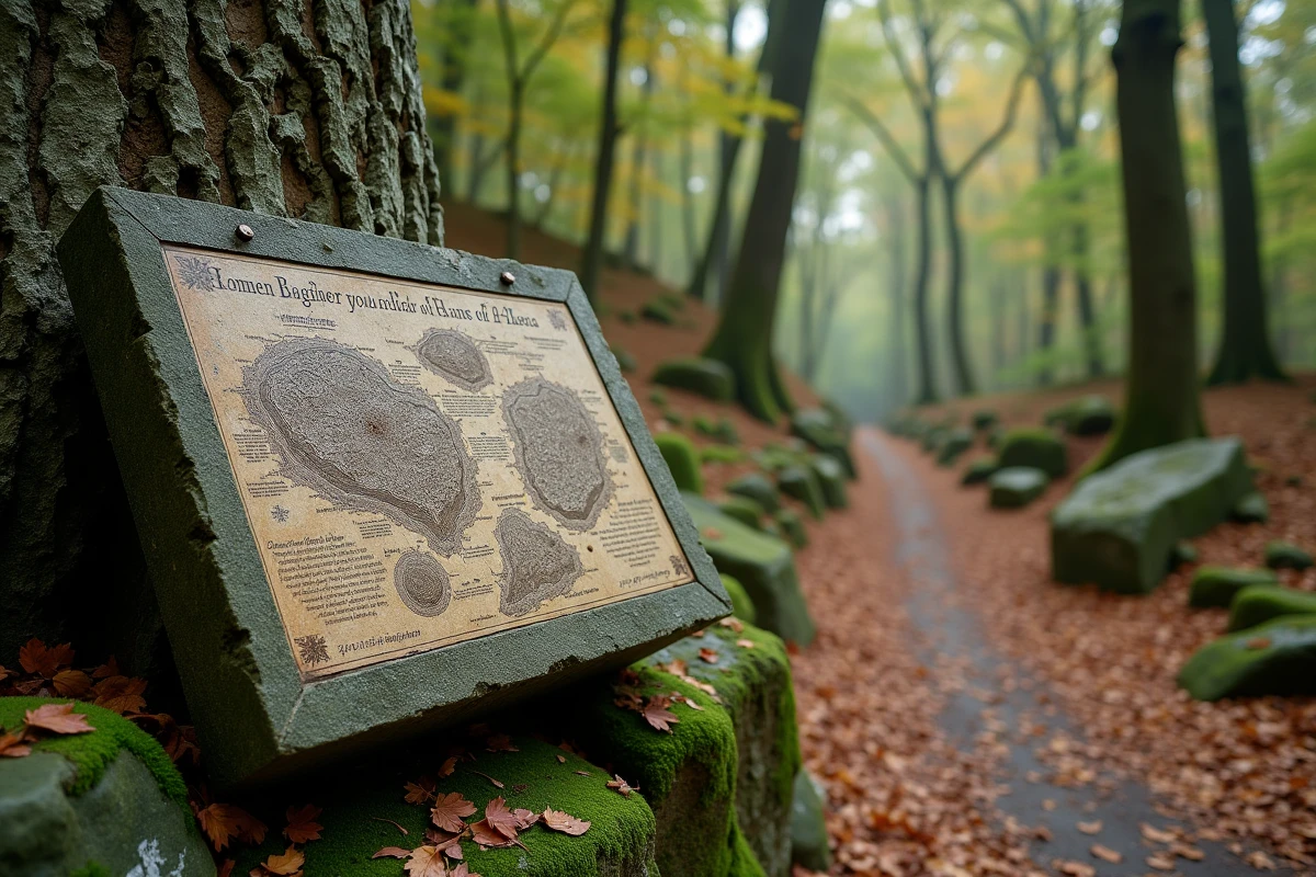 Panneau historique en pierre sur le siège d'Alésia le long d'un sentier forestier avec carte des positions romaines gravée