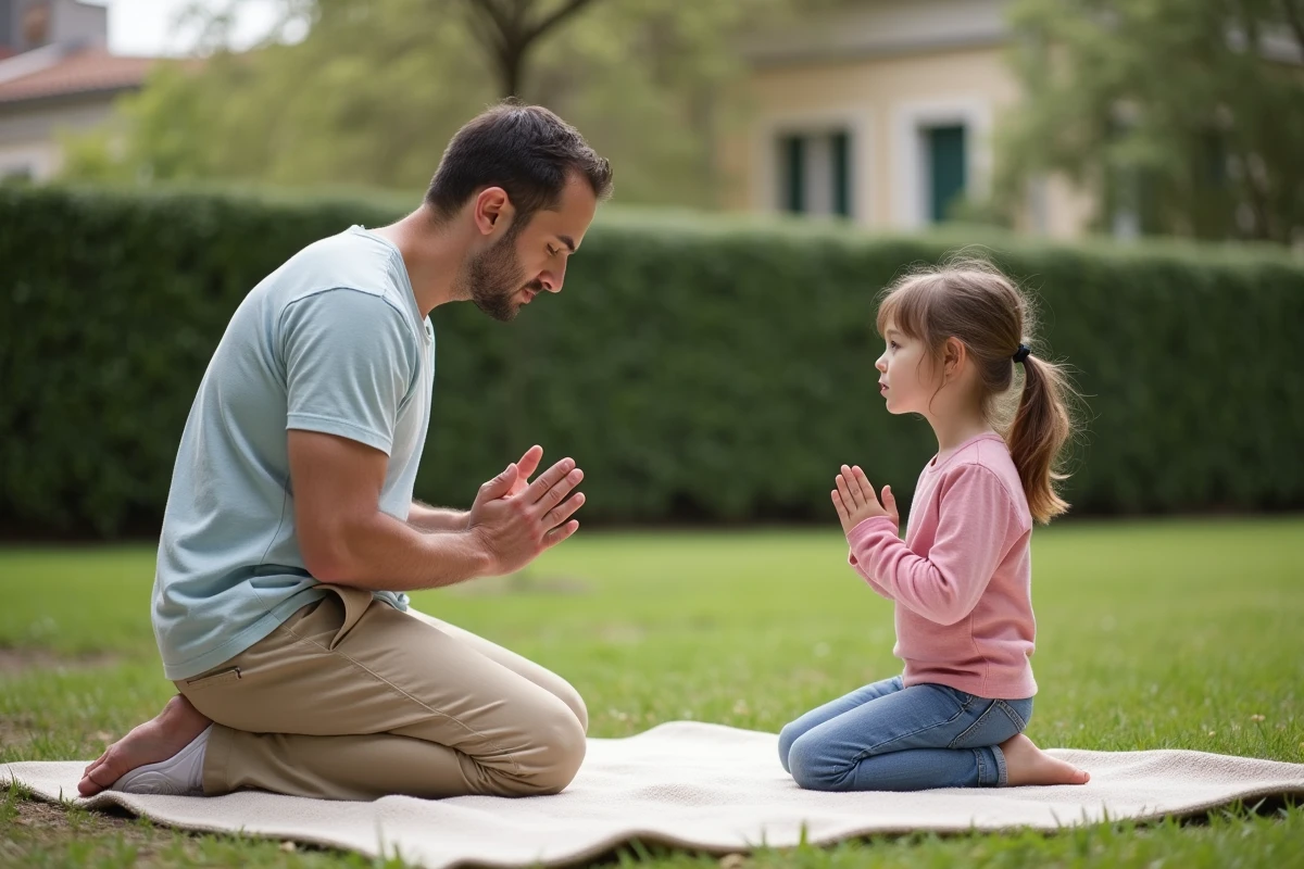 Père et fille en prière dans un parc à Beziers