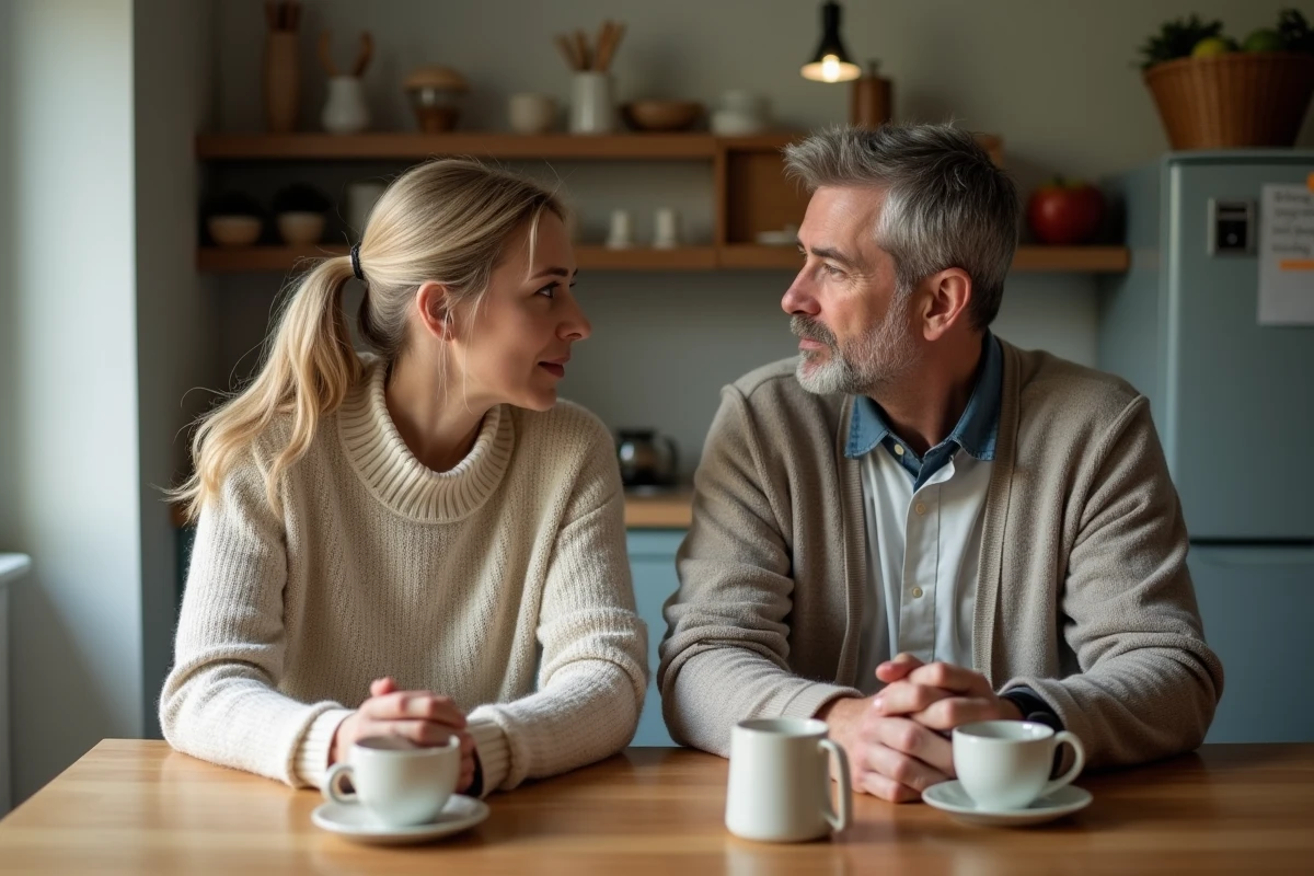 Parents discutant dans la cuisine en silence
