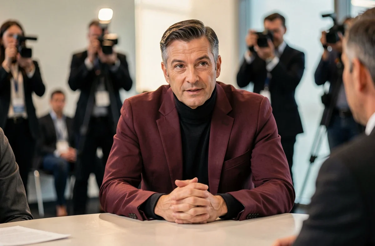Personnalité médiatique télévisée lors d'une conférence de presse, posture engagée et regard expressif dans une salle moderne