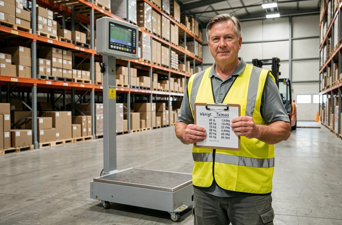 Ouvrier logistique pesant des marchandises sur une balance industrielle dans un entrepôt, conversion de tonnes en kilogrammes