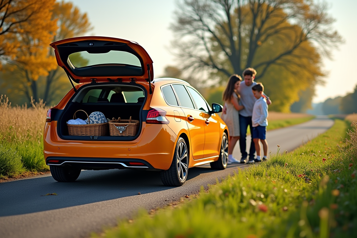 Peugeot 308 SW en campagne avec famille chargant le coffre