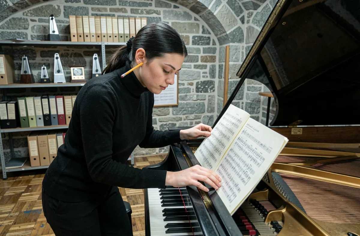 Jeune pianiste française analysant une partition manuscrite sur un piano à queue dans une salle de répétition au conservatoire de musique