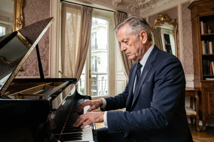 Pianiste français concentré jouant un piano à queue Pleyel vintage dans un salon parisien haussmannien aux moulures ornées