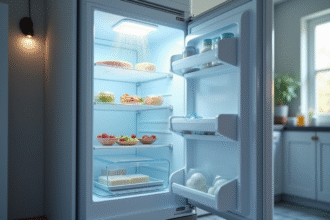 Porte de freezer ouverte dans une cuisine lumineuse