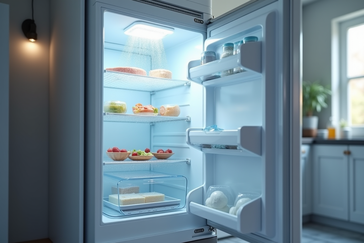 Porte de freezer ouverte dans une cuisine lumineuse