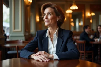 Portrait éditorial d'une femme élégante dans un café parisien, style journalistique sobre et intimiste