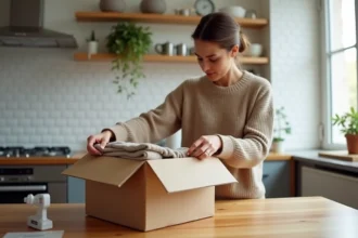 Femme préparant un colis de retour pour un achat en ligne dans une cuisine moderne