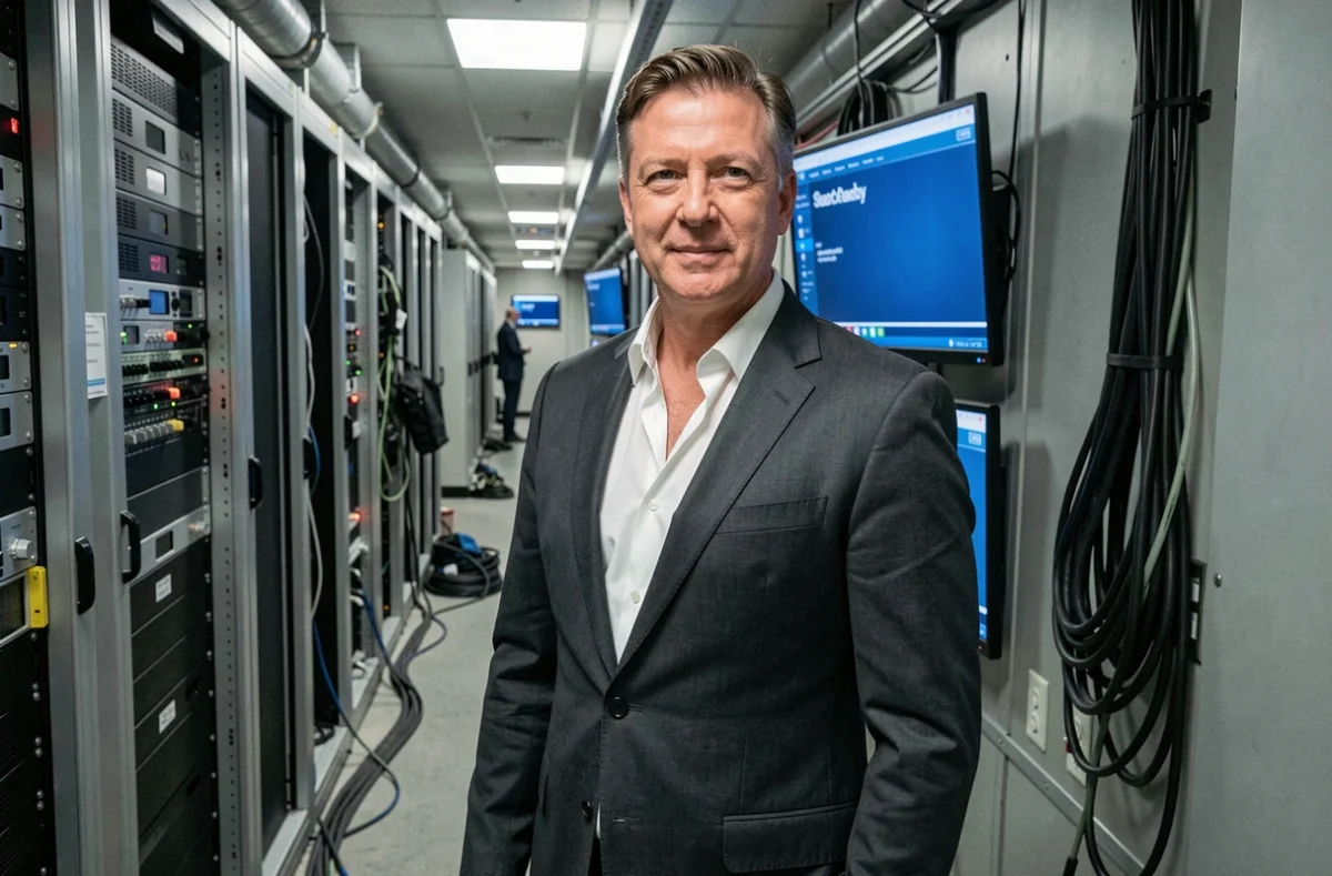 Présentateur de télévision en coulisses dans un couloir de plateau de tournage avec écrans et équipements broadcast