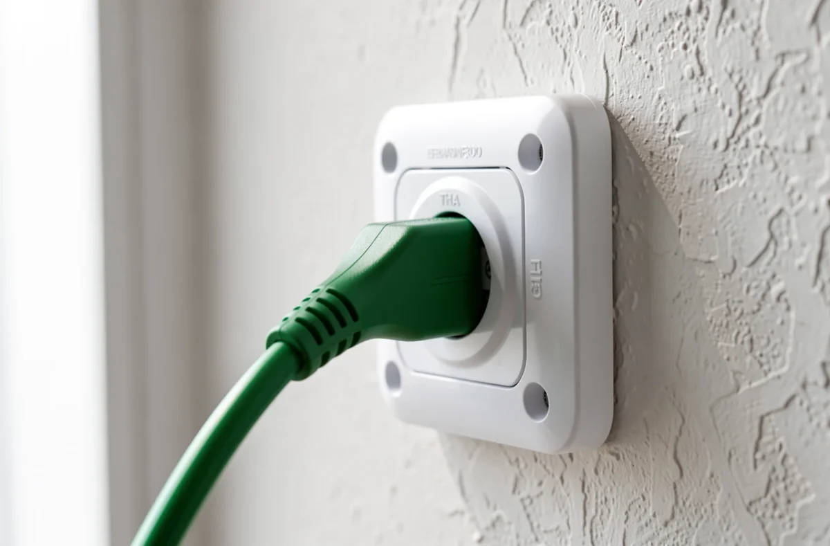 Prise fibre optique murale blanche avec un câble vert branché