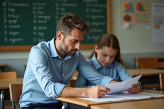 Professeur de français avec élève en classe