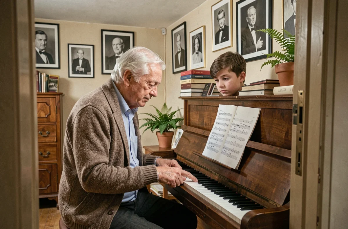 Professeur de piano français âgé enseignant une technique à un jeune élève devant un piano droit dans un appartement parisien