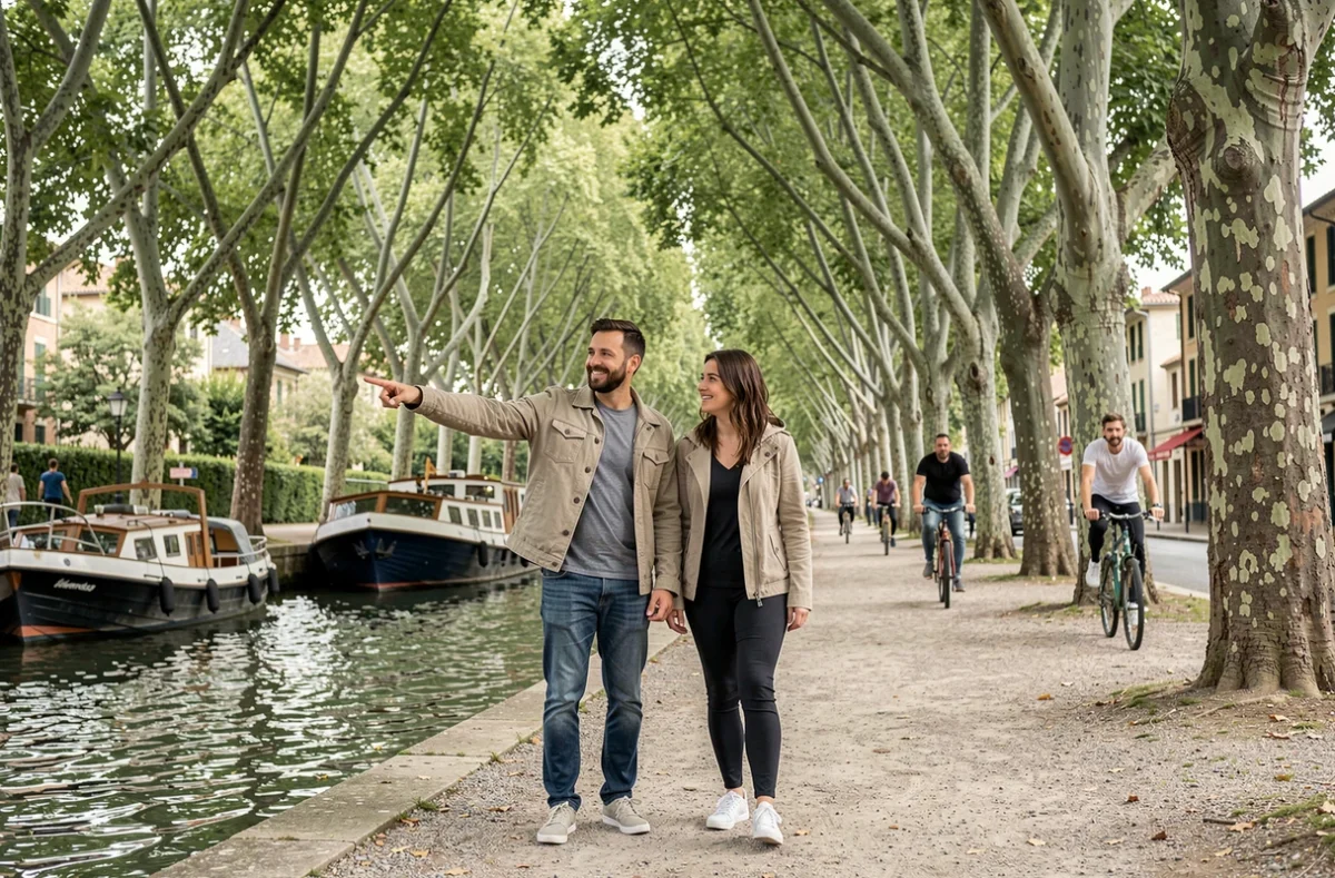 Couple se promenant gratuitement le long du Canal du Midi à Toulouse entouré de platanes