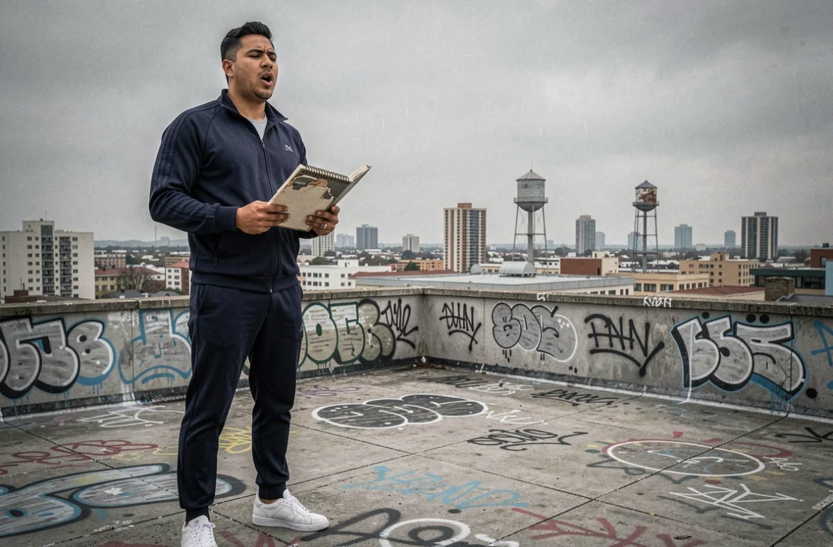 Rappeur répétant ses paroles sur un rooftop urbain avec carnet de textes et skyline en arrière-plan