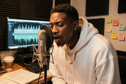 Jeune rappeur enregistrant ses paroles dans un studio de rap avec microphone vintage et carnet de textes