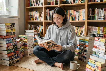 Jeune femme passionnée de manhwa examinant des volumes entourée d'une collection de mangas et manhwas dans un appartement cosy
