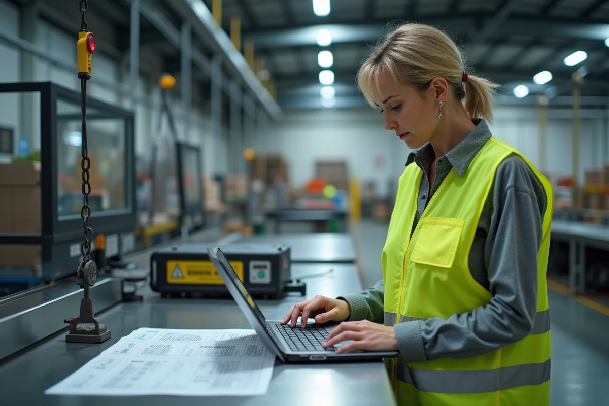 Responsable logistique consultant un tableau de conversion quintaux en tonnes dans une station de contrôle de poids industrielle