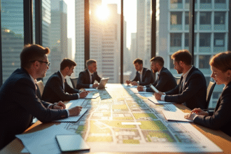 Réunion d'urbanisme avec architectes et élus autour de plans
