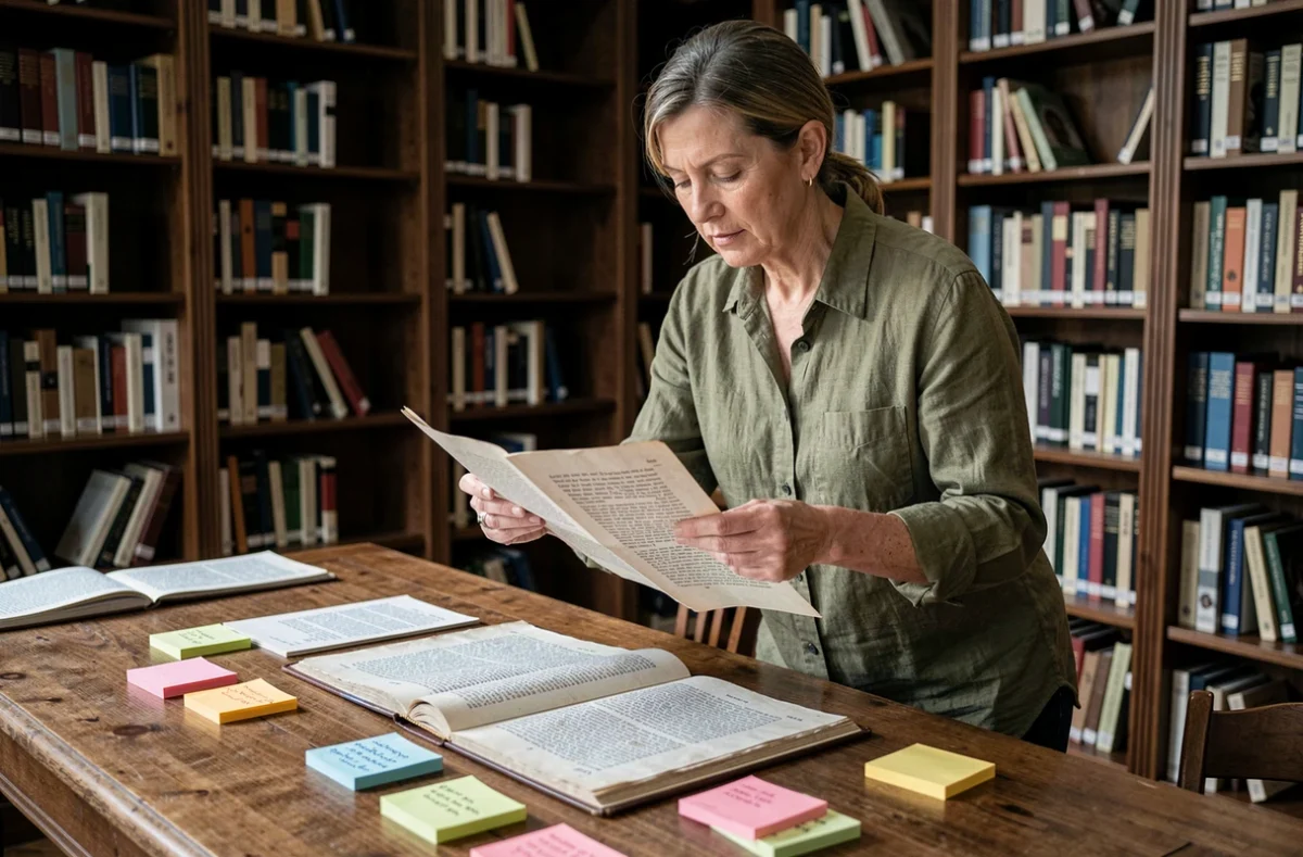 Femme comparant plusieurs pages de manuscrit côte à côte dans une bibliothèque publique, entourée de post-it colorés pour structurer et enrichir son roman