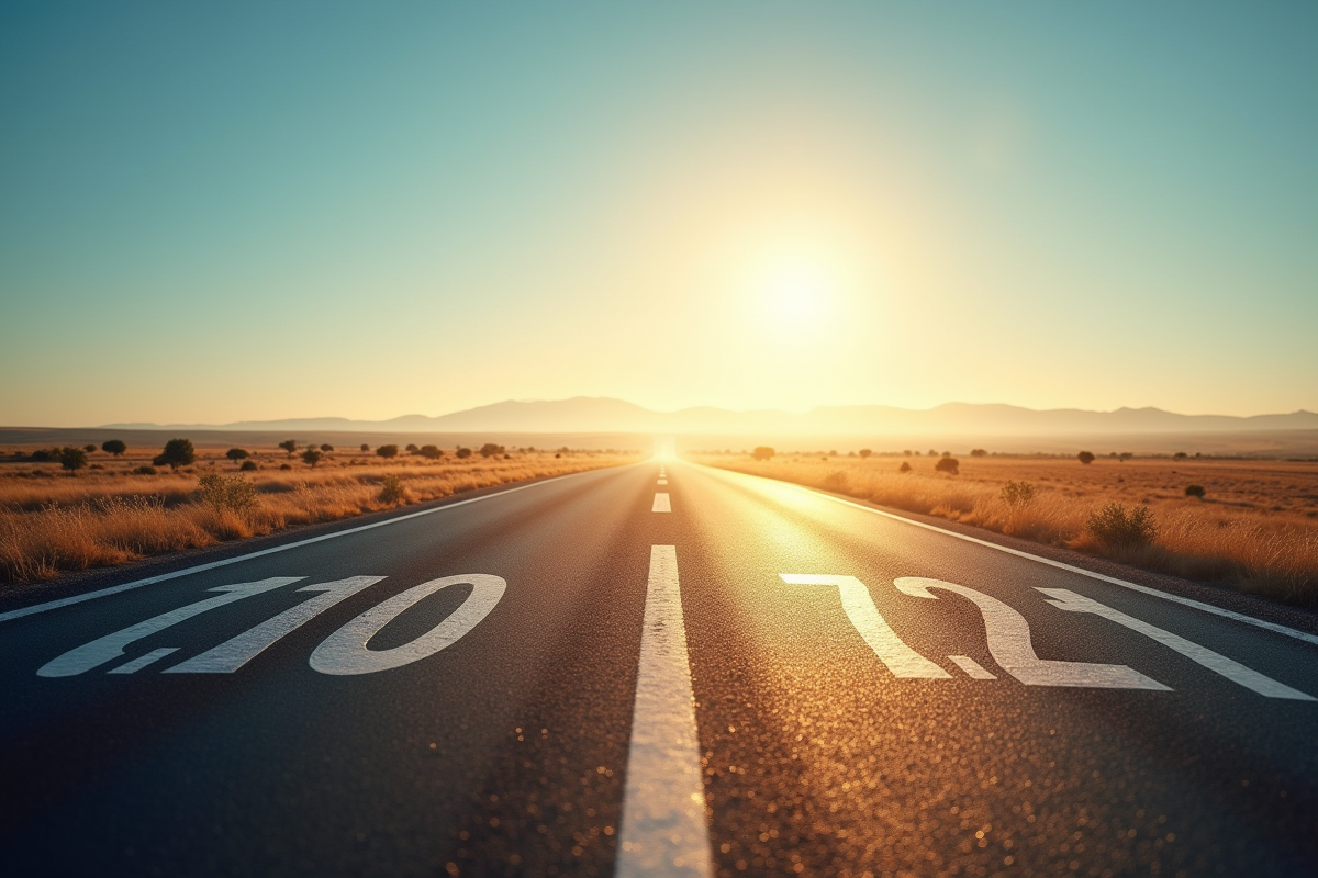 Route en plein soleil avec marquages miles et kilomètres