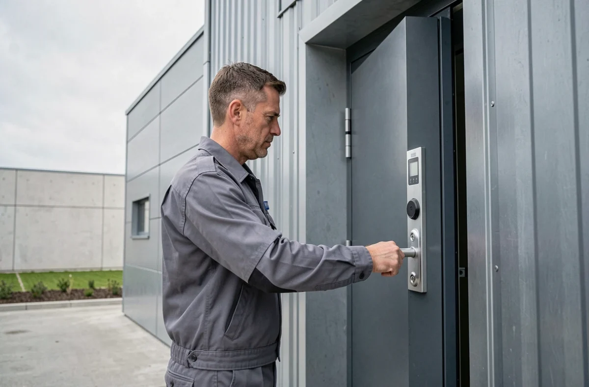 Technicien de Safe Conception à Gidy inspectant un système de verrouillage sécurisé sur un bâtiment commercial du Loiret