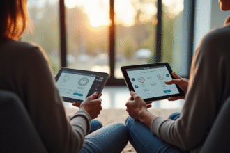 Salon moderne avec deux personnes utilisant télécommande et tablette