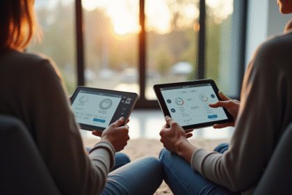 Salon moderne avec deux personnes utilisant télécommande et tablette