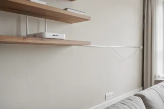 Salon lumineux avec une box internet posée sur une étagère