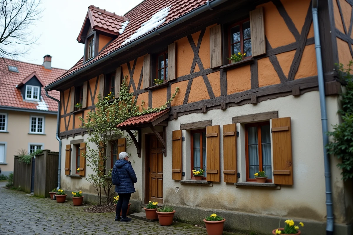 Façade à colombages typique de Saralbe au printemps avec neige fondante sur le toit et premières fleurs