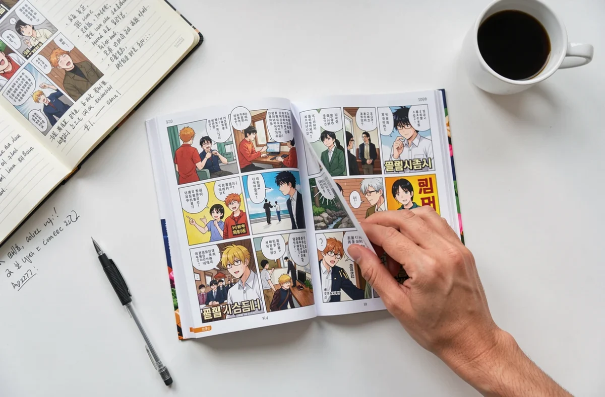 Gros plan sur des volumes de manhwa ouverts sur un bureau avec notes manuscrites pour évaluer et sélectionner les meilleures séries