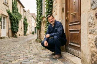 Serrurier professionnel intervenant devant une porte en bois typique du Centre-Val de Loire