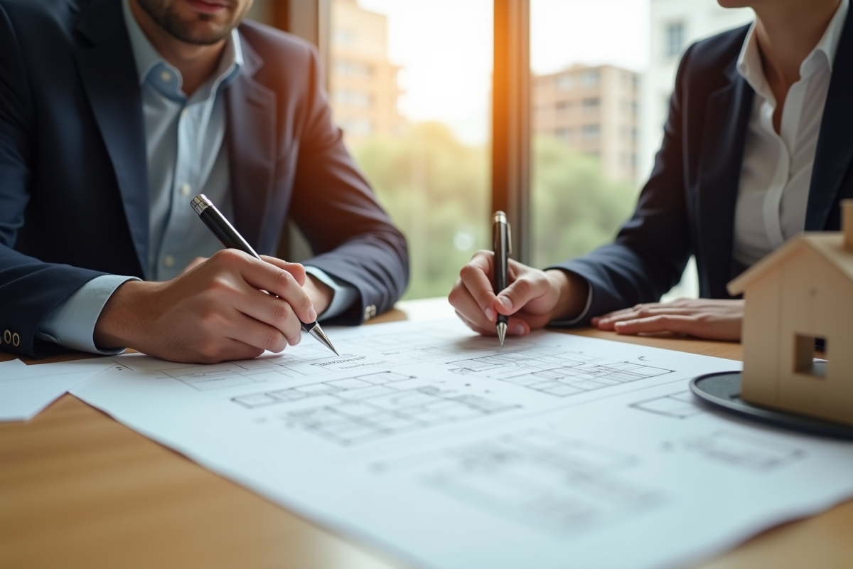 Deux personnes signent un contrat de construction avec plans